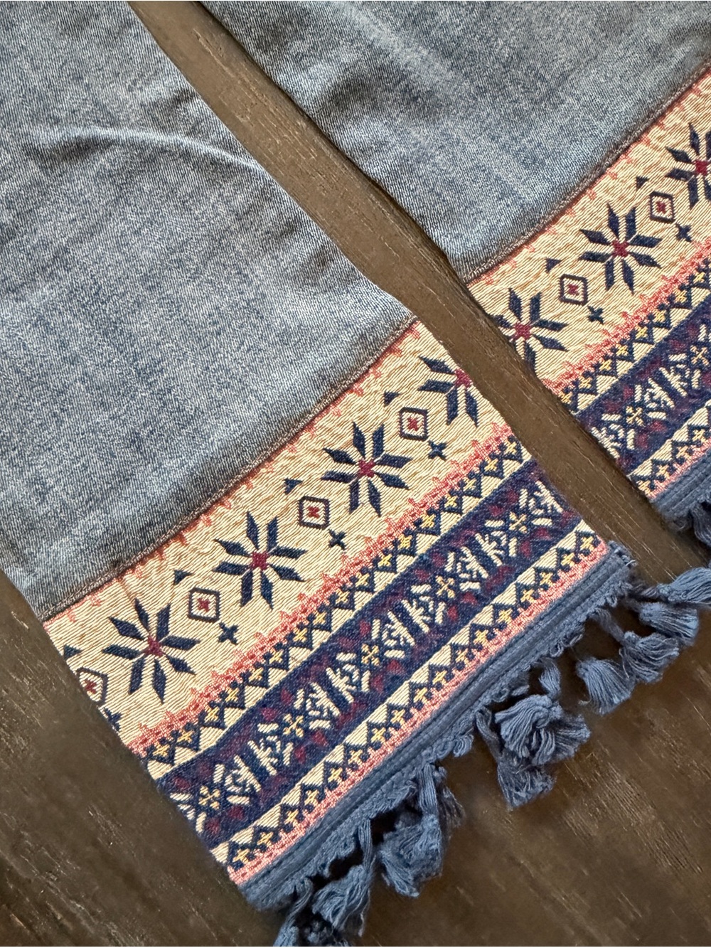 DRIFTWOOD Blue Denim Wide-Leg Jeans with Embroidered Hem and tassels - Picture 7 of 8